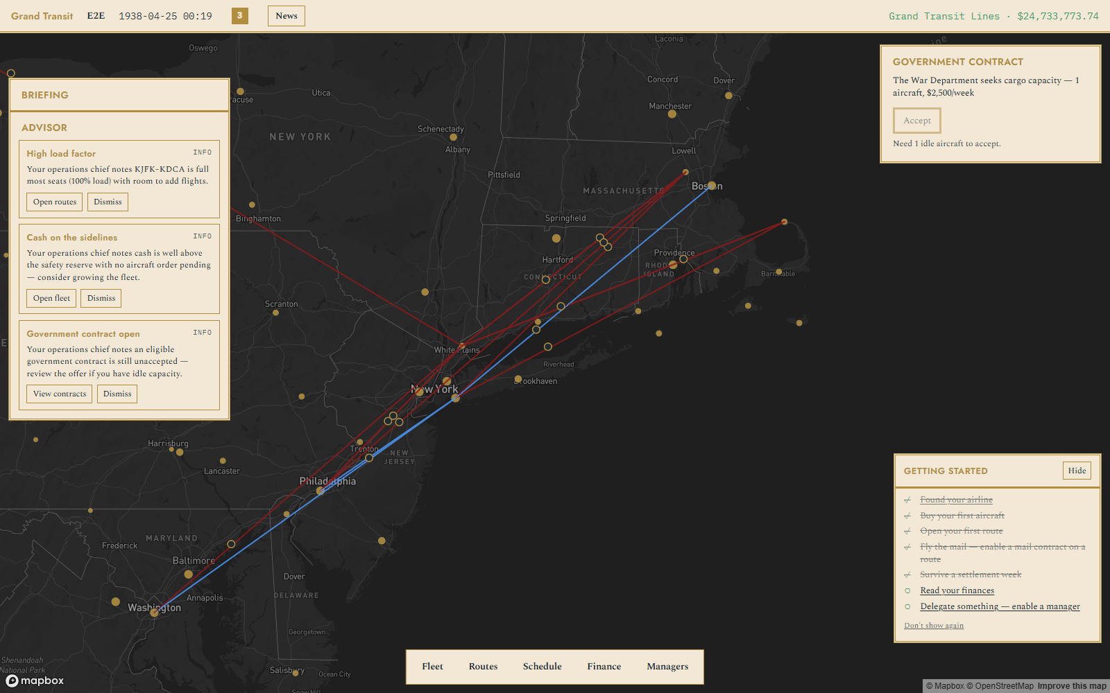 Map shell with routes and airports on a dark basemap