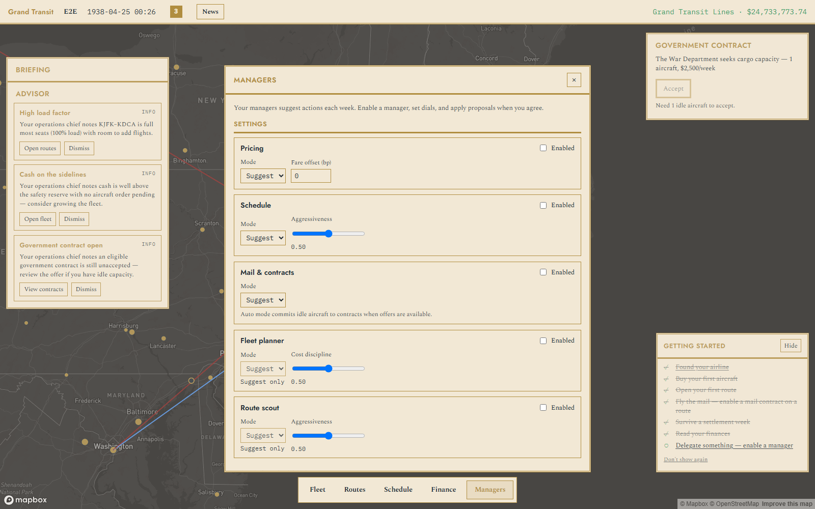 Managers panel: settings, modes, and dials for each role.