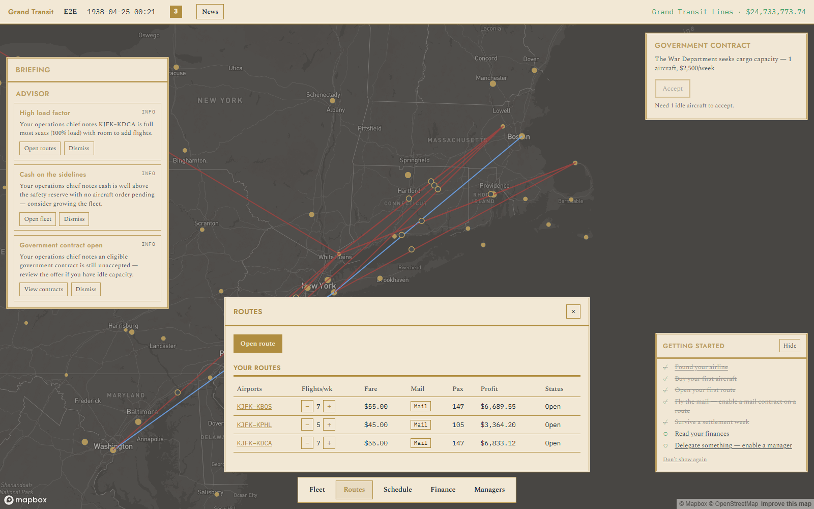 Routes panel with active airline routes